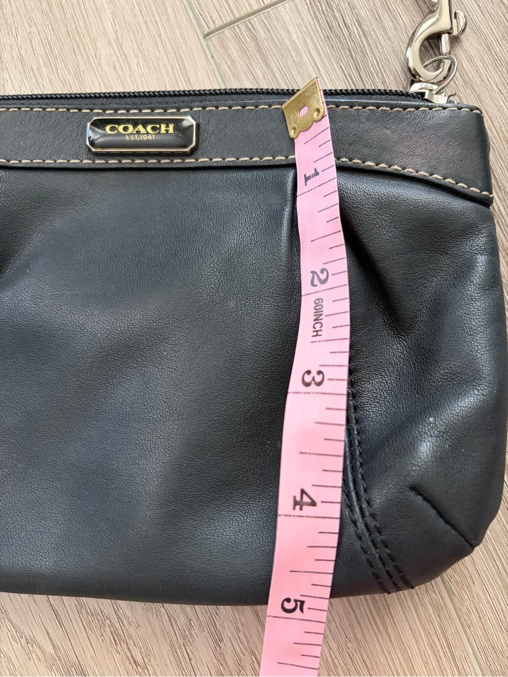 COACH Black Leather Pleated Wristlet with Contrast Stitching